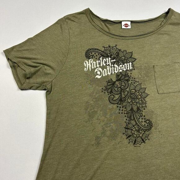 Y2K Harley Davidson Olive Geeen Short Sleeve Pocket Tee - Picture 2 of 7